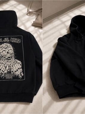 Black Military-Style Zip Hoodie Jacket